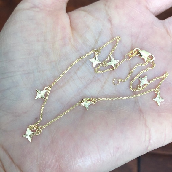 14K Solid Gold 7 Dangle Stars Ankle Bracele Anklet - Picture 3 of 7